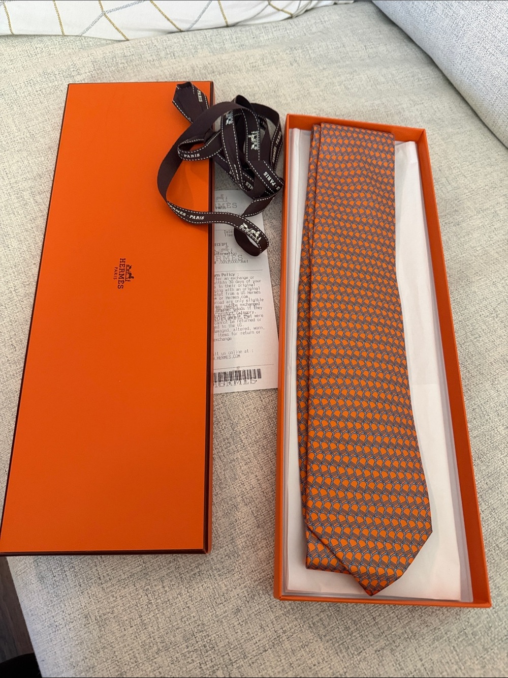 Hermes Orange and Blue Geometric Silk Tie